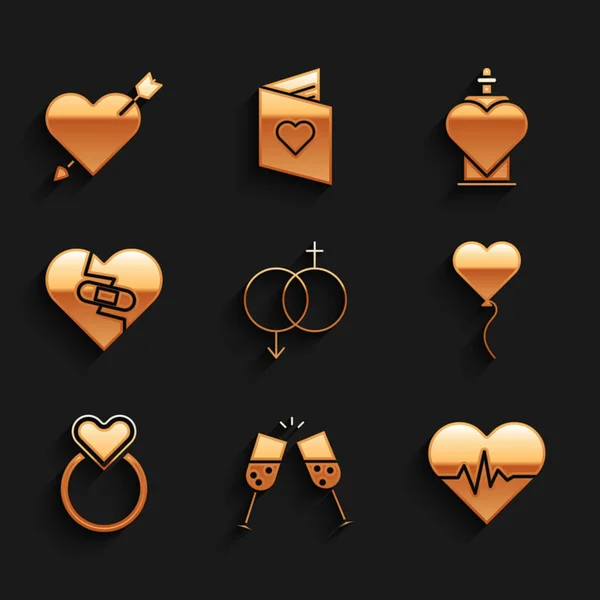 Set Gender, Glass of champagne, Heart rate, Balloon in form heart, Wedding rings, Healed broken, Bottle with love potion and Amour and arrow icon. Vector — Archivo Imágenes Vectoriales