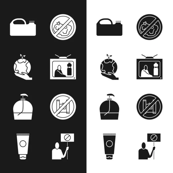 Set Stop plastic pollution, Hand holding Earth globe, Canister for machine oil, No trash, Bottle of liquid soap, Say no bags poster, Nature saving protest and Cream cosmetic tube icon. Vector — Stockový vektor