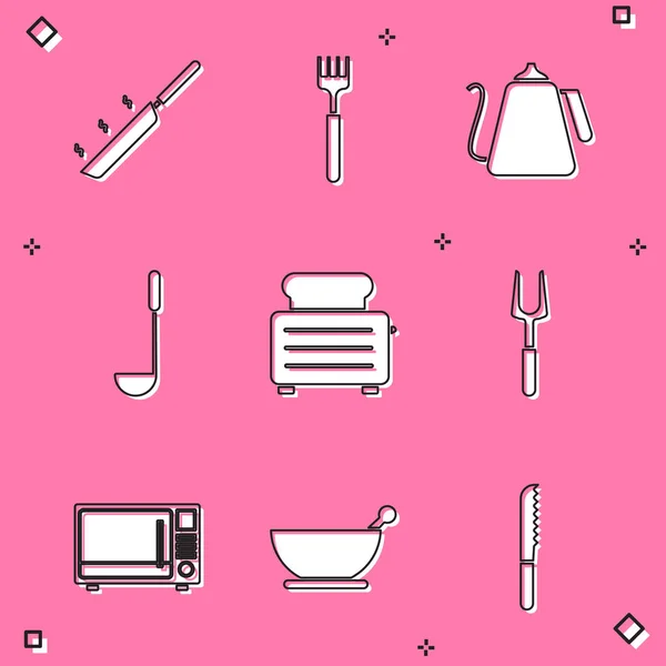 Set Frying pan, Fork, Kettle with handle, Kitchen ladle, Toaster toasts, Barbecue fork, Microwave oven and Mortar pestle icon. Vector — Vector de stock