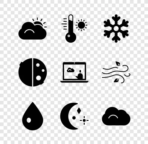 Set Sun and cloud, Meteorology thermometer, Snowflake, Water drop, Moon stars, Cloud, Eclipse of sun and Weather forecast icon. Vector — стоковый вектор