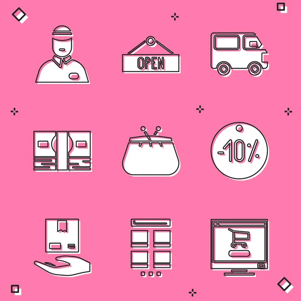 Set Seller, Hanging sign with Open, Delivery cargo truck vehicle, Stacks paper money cash, Wallet, Ten discount percent tag, hand boxes and Online shopping mobile icon. Vector — Vetor de Stock