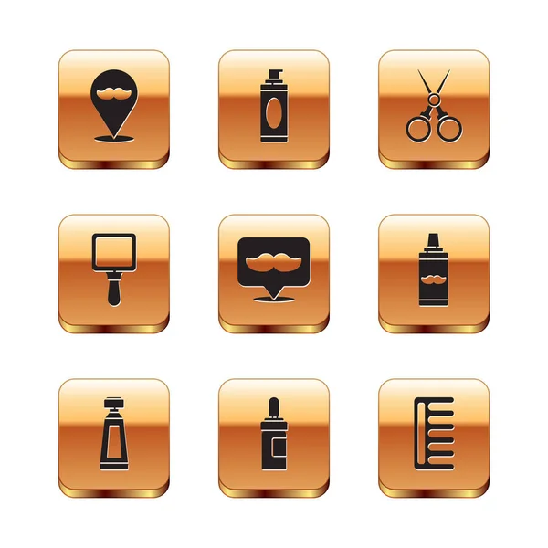 Set Barbershop, Cream or lotion cosmetic tube, Beard and mustaches care oil bottle, Hand mirror, Scissors hairdresser, Hairbrush and Shaving gel foam icon. Vector — 图库矢量图片