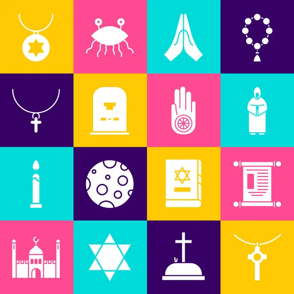 Set Christian cross on chain, Decree, paper, parchment, scroll, Monk, Hands praying position, Tombstone with RIP written, Star of David necklace and Jainism or Jain Dharma icon. Vector — Stockový vektor