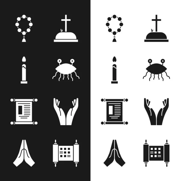 Set Pastafarianism, Burning candle, Rosary beads religion, Tombstone with cross, Decree, paper, parchment, scroll, Hands praying position, and icon. Vector — Stok Vektör