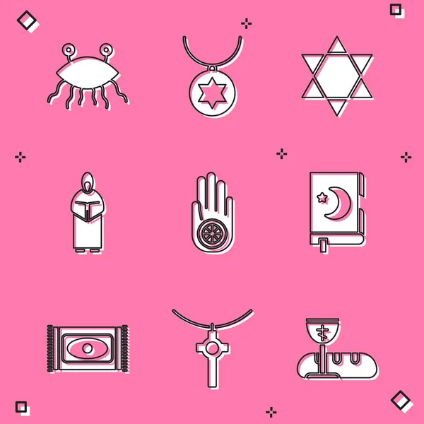 Set Pastafarianism, Star of David necklace on chain, Monk, Jainism or Jain Dharma, Holy book Koran, Traditional carpet and Christian cross icon. Vector — Image vectorielle