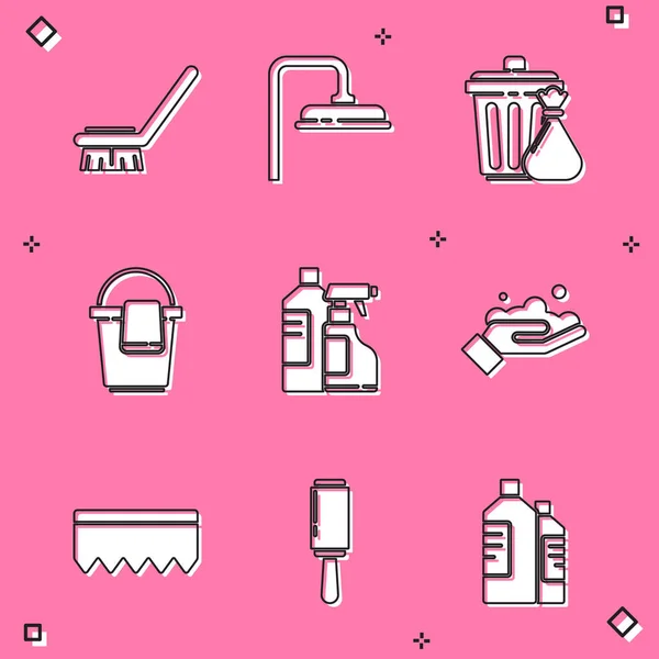 Set Brush for cleaning, Shower head, Trash can and garbage bag, Bucket with rag, Bottles agent, Washing hands soap, Sponge bubbles and Adhesive roller icon. Vector — Stockvektor