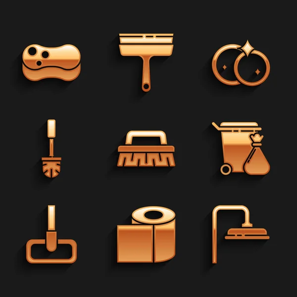 Set Brush for cleaning, Toilet paper roll, Shower head, Trash can and garbage bag, Mop, brush, Washing dishes and Sponge icon. Vector — Stock vektor