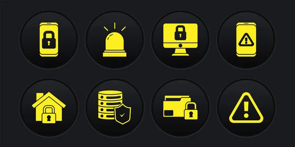 Set House under protection, Mobile with exclamation mark, Server shield, Folder and lock, Lock computer monitor, Motion sensor, Exclamation in triangle and closed padlock icon. Vector — Archivo Imágenes Vectoriales