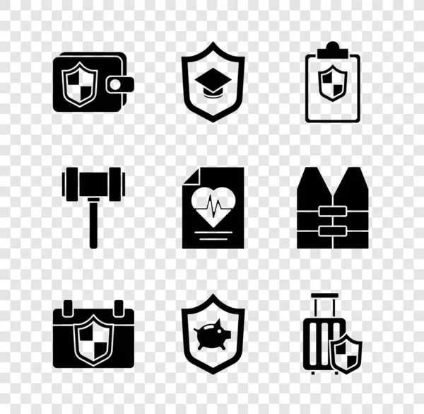 Set Wallet with shield, Graduation cap, Document, Calendar, Piggy bank, Travel suitcase, Judge gavel and Health insurance icon. Vector — Stockvektor