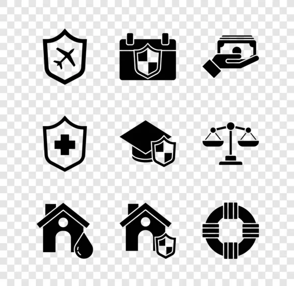 Set Plane with shield, Calendar, Stacks paper money cash, House flood, Lifebuoy, Health insurance and Graduation cap icon. Vector — Stockvektor