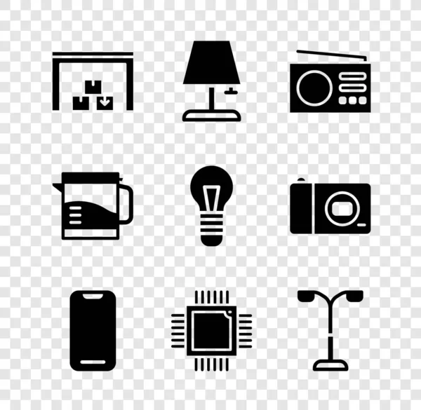 Set Warehouse, Table lamp, Radio, Smartphone, Processor with microcircuits CPU, Street light, Electric kettle and Light bulb icon. Vector — Vetor de Stock