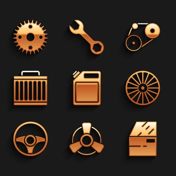 Set Canister for gasoline, Car motor ventilator, door, Alloy wheel, Steering, radiator cooling system, Timing belt kit and Gear icon. Vector — Image vectorielle