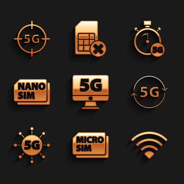 Set Monitor with 5G network, Micro Sim Card, Wi-Fi wireless, Nano, Digital speed meter and icon. Vector — Stockvektor