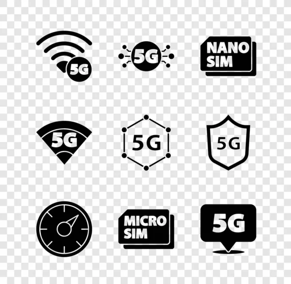 Set 5G jaringan, Nano Sim Card, Digital speed meter, Micro, Lokasi, dan ikon. Vektor - Stok Vektor