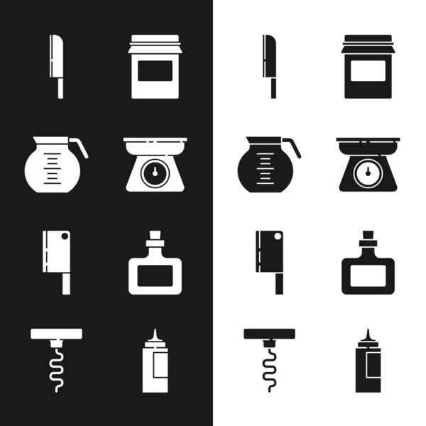 Set Scales, Coffee pot, Knife, Jam jar, Meat chopper, Sauce bottle, and Wine corkscrew icon. Vector — стоковый вектор