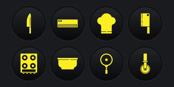 Set Gas stove, Meat chopper, Bowl, Frying pan, Chef hat, Air conditioner, Pizza knife and Knife icon. Vector — Image vectorielle