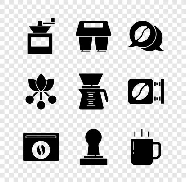 Set Manual coffee grinder, Coffee cup to go, and conversation, Bag beans, tamper, bean, branch and Pour over maker icon. Vector —  Vetores de Stock