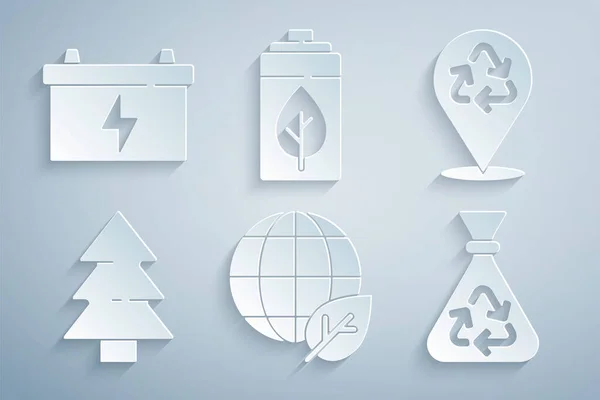 Set Earth globe and leaf, Recycle, Christmas tree, Garbage bag with recycle, Eco nature battery and Car icon. Vector — Vector de stock