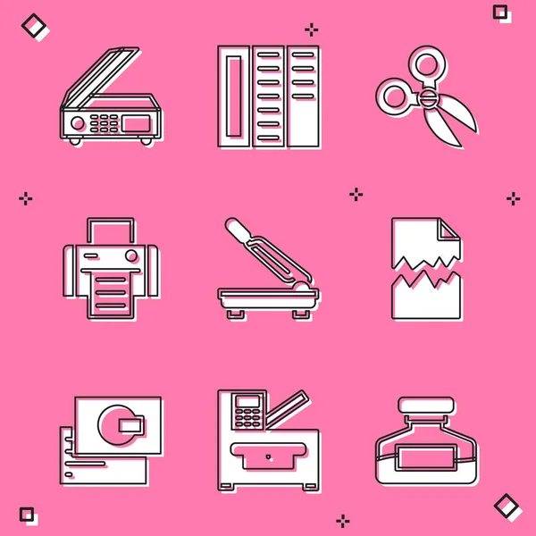 Set Scanner, Brochure, Scissors, Printer, Paper cutter, Torn document, Business card and Copy machine icon. Vector — Stok Vektör