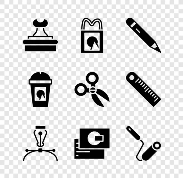 Set Stamp, Paper shopping bag, Pencil with eraser, Fountain pen nib, Business card, Paint roller brush, Coffee cup to go and Scissors icon. Vector — Stock vektor