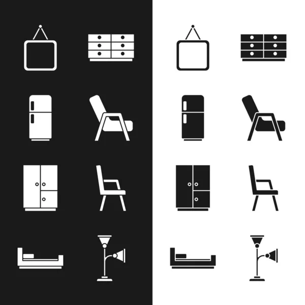 Set Armchair, Refrigerator, Mirror, Chest of drawers, Wardrobe, Floor lamp and Bed icon. Vector — Stockvektor