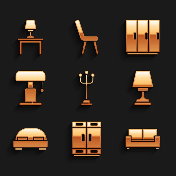 Set Coat stand, Wardrobe, Sofa, Table lamp, Big bed, and on table icon. Vector — Stock vektor