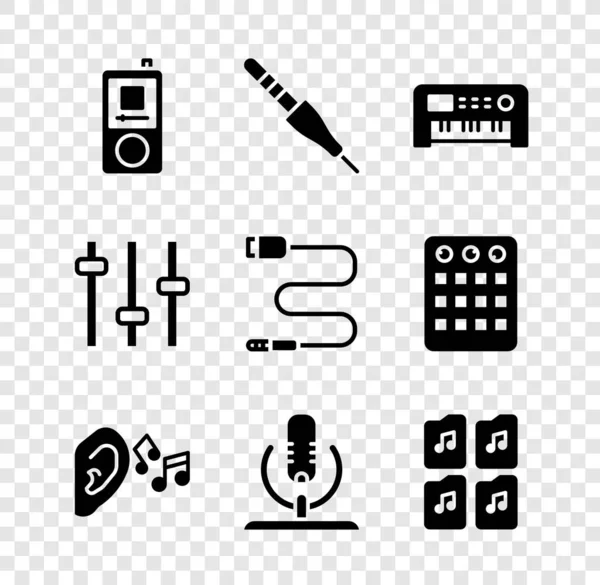 Set Music player, Audio jack, synthesizer, Ear listen sound signal, Microphone, file document, equalizer and icon. Vector — Stockvektor