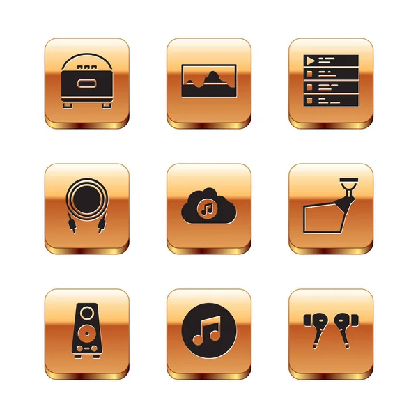 Set Stereo speaker, Music note, tone, streaming service, Audio jack, playlist, Air headphones and wave equalizer icon. Vector — Stockvector