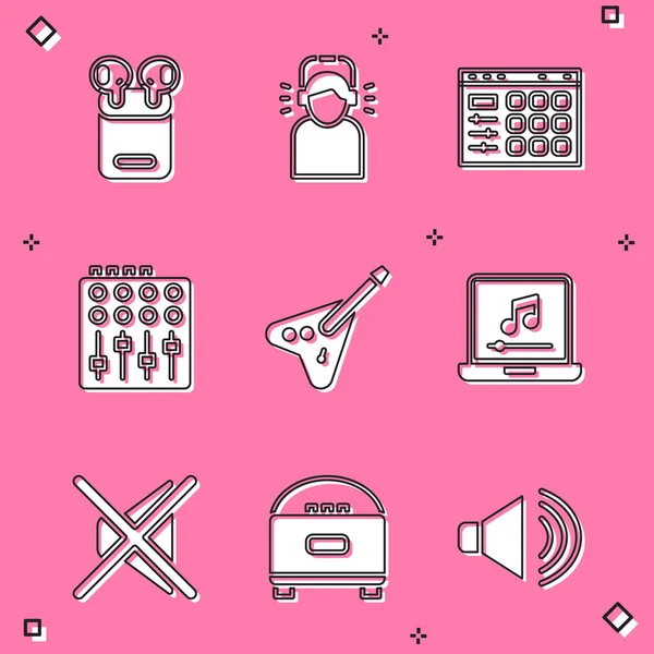 Set Air headphones in box, Man, Drum machine, Sound mixer controller, Electric bass guitar, Laptop with music note, Speaker mute and Stereo speaker icon. Vector — Stock Vector