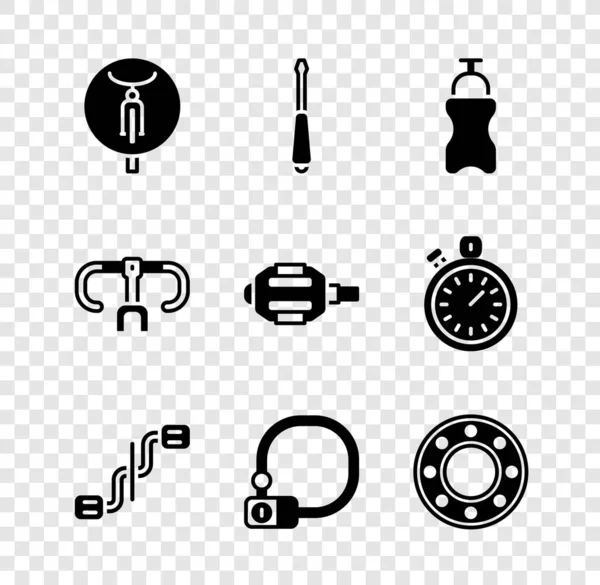 Set Bicycle, Screwdriver, Sport bottle with water, pedals, lock, ball bearing, handlebar and icon. Vector — Vettoriale Stock