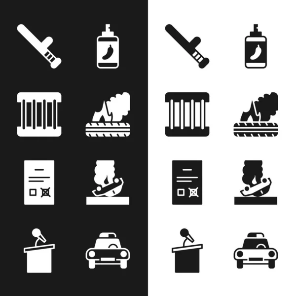 Set Lying burning tires, Prison window, Police rubber baton, Pepper spray, Poll document, Burning car, and flasher and Stage stand or tribune icon. Vector — Stockvektor