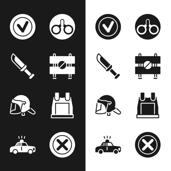 Set Road barrier, Military knife, Check mark in round, Handcuffs, Police helmet, Bulletproof vest, X Mark, Cross circle and car flasher icon. Vector — стоковый вектор