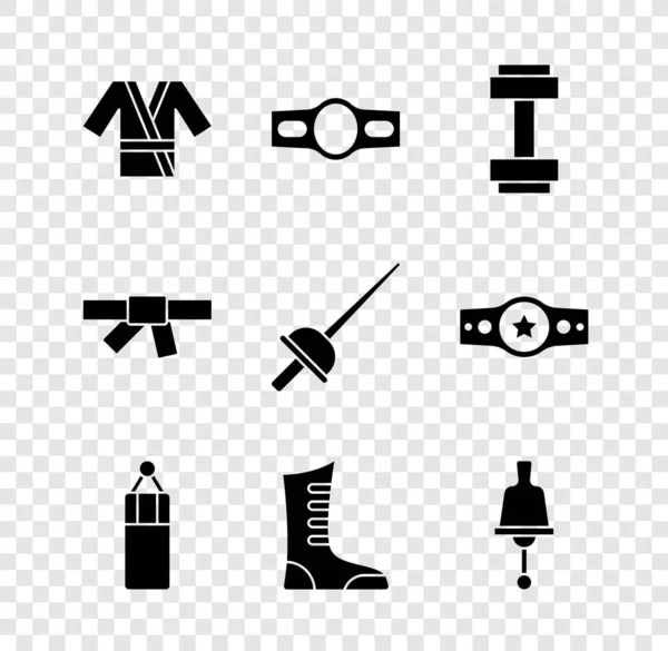 Set Japanese costume Kimono, Boxing belt, Dumbbell, Punching bag, Sport boxing shoes, Ringing, Black karate and Fencing icon. Vector — Vettoriale Stock