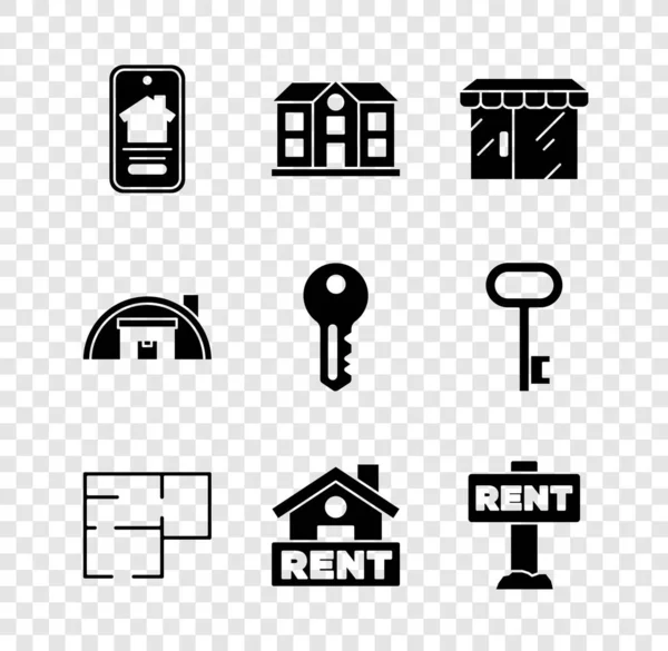 Set Online real estate house, House, Market store, plan, Hanging sign with Rent, Warehouse and key icon. Vector — Stock Vector