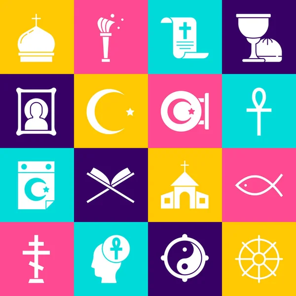 Set Dharma wheel, Christian fish, Cross ankh, Decree, paper, parchment, scroll, Star and crescent, icon, Church tower and icon. Vector — Vettoriale Stock