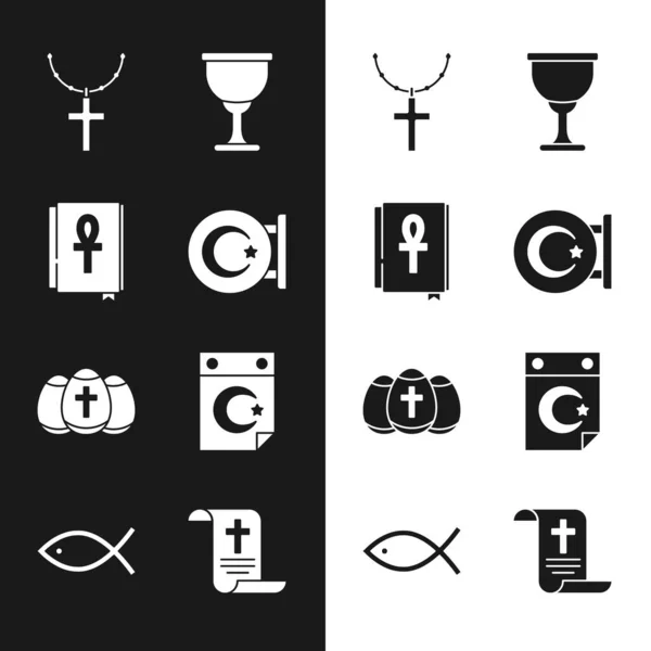 Set Star and crescent, Cross ankh book, Christian cross on chain, Holy grail or chalice, Easter egg, Decree, paper, parchment, scroll and fish icon. Vector —  Vetores de Stock