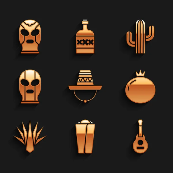 Set Mexican sombrero, Burrito, guitar, Tomato, Agave, wrestler, Cactus and icon. Vector — Stock Vector