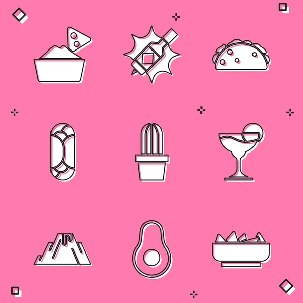 Set de Nachos en bowl, salsa Tabasco, Taco con tortilla, Burrito, Cactus suculenta olla, cóctel Margarita, Volcán erupción de lava y aguacate icono de la fruta. Vector — Vector de stock