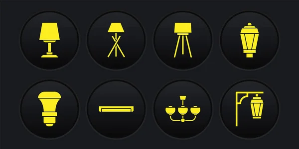 Set LED light bulb, Garden lamp, Fluorescent, Chandelier, Floor, Vintage street and Table icon. Vector — Stock Vector