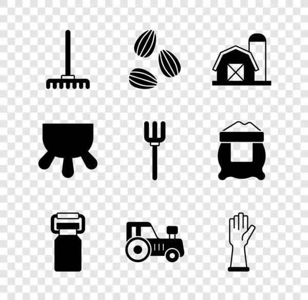 Set Garden rake, Seeds, Farm house, Can container for milk, Tractor, Rubber gloves, Udder and pitchfork icon. Vector —  Vetores de Stock