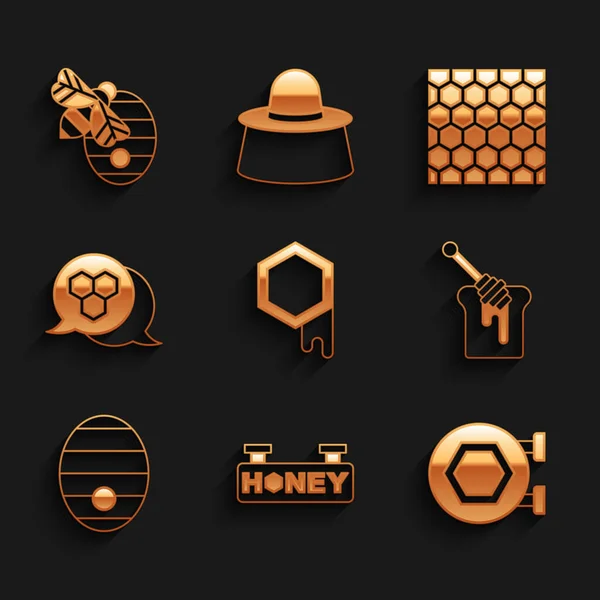 Set Honeycomb, Hanging sign with honeycomb, dipper stick, Hive for bees, and icon. Vector — Stockvektor
