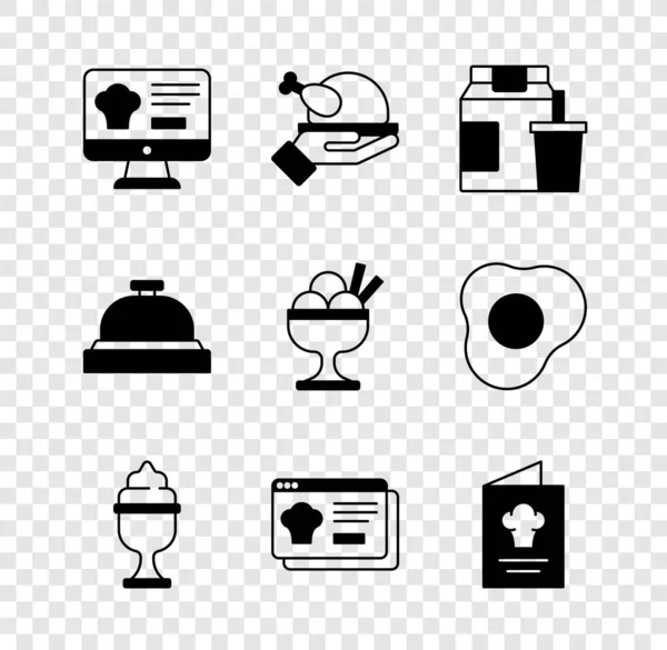 Set Online ordering and delivery, Roasted turkey chicken, Ice cream bowl, Cookbook, Hotel service bell and icon. Vector — 图库矢量图片