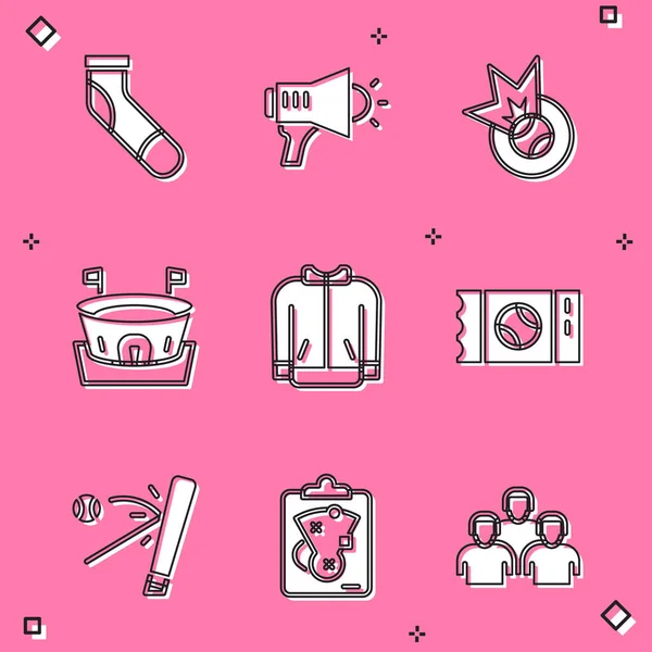Set Baseball sock, Megaphone, arena, t-shirt, ticket, bat with and Planning strategy icon. Vector — Wektor stockowy