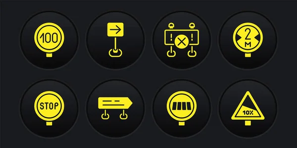 Set Stop sign, Road traffic, Pedestrian crosswalk, barrier, Traffic turn right, Steep ascent and descent road and Speed limit icon. Vector — Wektor stockowy