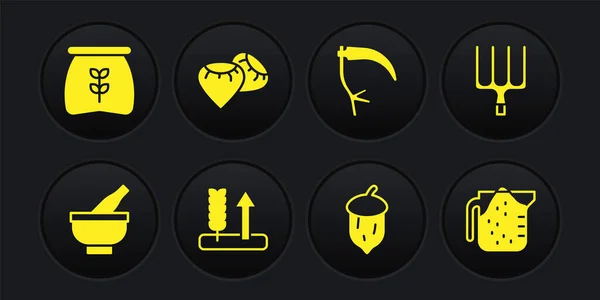 Set Mortar and pestle, Garden pitchfork, Wheat, Acorn, oak nut, seed, Scythe, Seed, Measuring cup and Bag of flour icon. Vector — 图库矢量图片