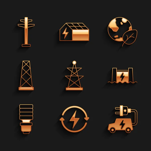 Set Electric tower, Recharging, car, Hydroelectric dam, LED light bulb, Antenna, Earth globe and leaf and icon. Vector — Wektor stockowy