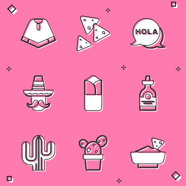 Set Poncho, Nachos, Hola, Mexican man sombrero, Burrito, Tequila bottle, Cactus and or succulent in pot icon. Vector — 图库矢量图片