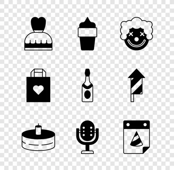 Set Woman dress, Ice cream in waffle cone, Clown head, Cake with burning candles, Microphone, Calendar party, Shopping bag heart and Champagne bottle icon. Vector — Wektor stockowy