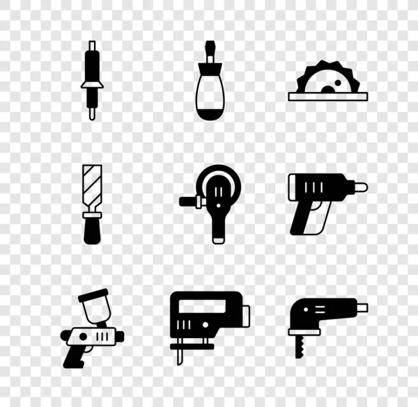 Set Soldering iron, Screwdriver, Electric circular saw, Paint spray gun, jigsaw, Rasp metal file and Angle grinder icon. Vector — Stok Vektör