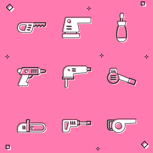 Set Reciprocating saw, Electric sander, Screwdriver, cordless screwdriver, jigsaw, Leaf garden blower, Chainsaw and Rotary hammer drill machine icon. Vector — Image vectorielle